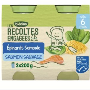 Pote pequeno para bebê de 6 meses semolina de espinafre salmão Les Récoltes Engagées 2x200g - BLEDINA