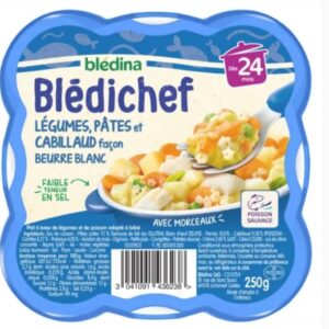 Prato para bebé a partir dos 24 meses de legumes; macarrão e bacalhau na manteiga branca Blédichef, bandeja 250g - BLÉDINA